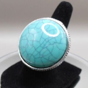 Large Faux Turquoise Statement w/ Side Floral Accents Ring Sz. 5